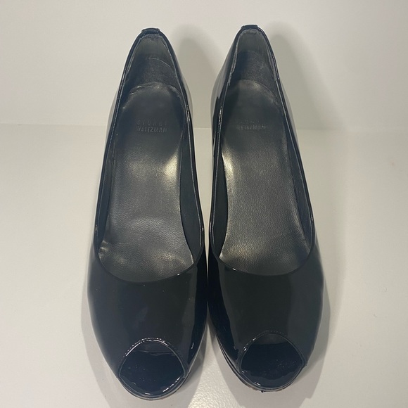 Stuart Weitzman Black Patent Platform Peep Toe Shoes. size 9M - Picture 7 of 7
